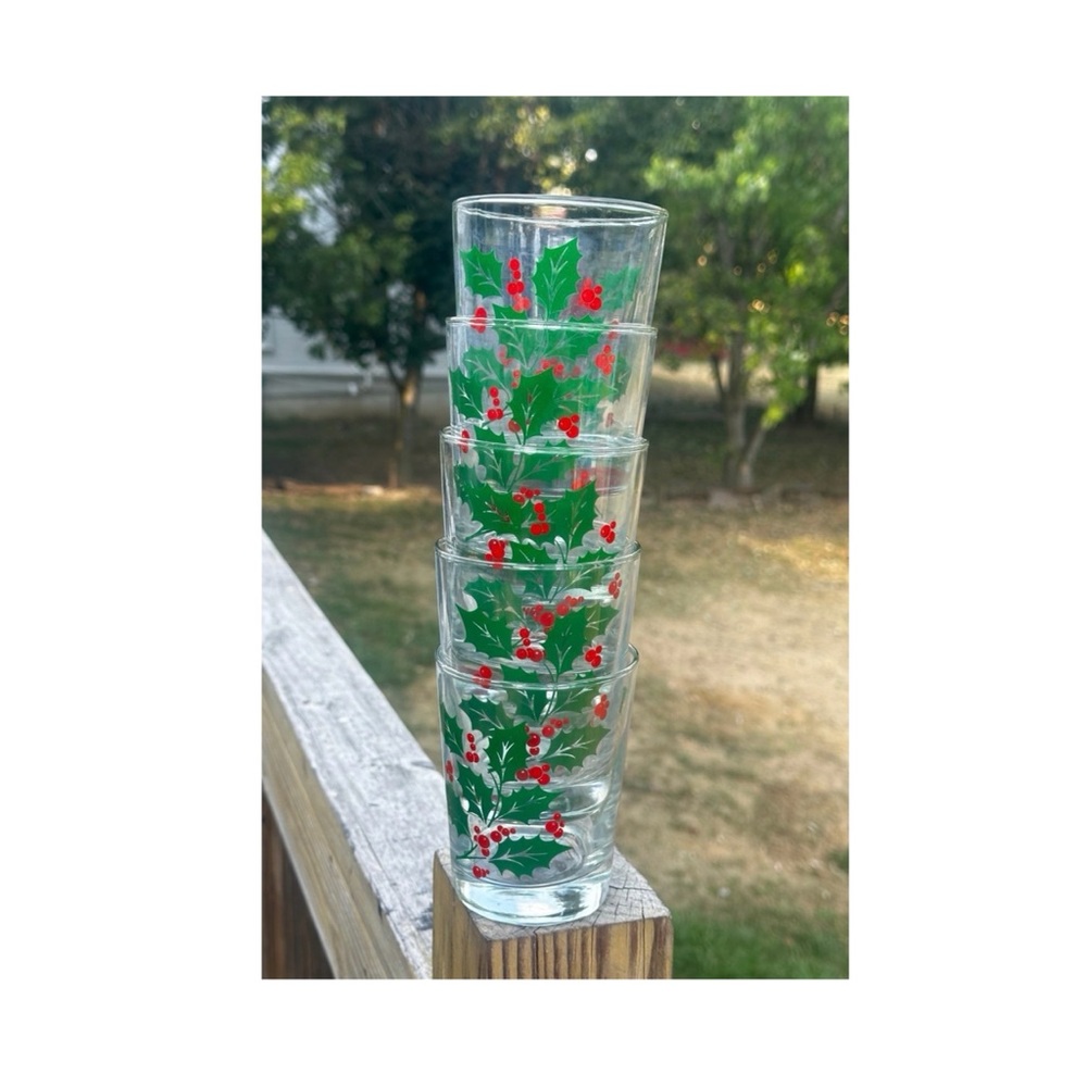 Vintage 14 Oz Flat Tumblers by BARTLETT COLLINS Holly & Berries Set of 5
